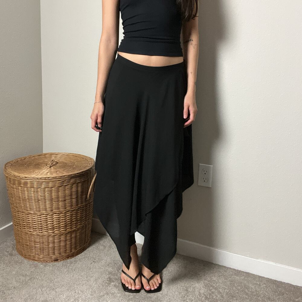 y2k black low rise flowy minimalist asymmetrical handkerchief hem midi skirt